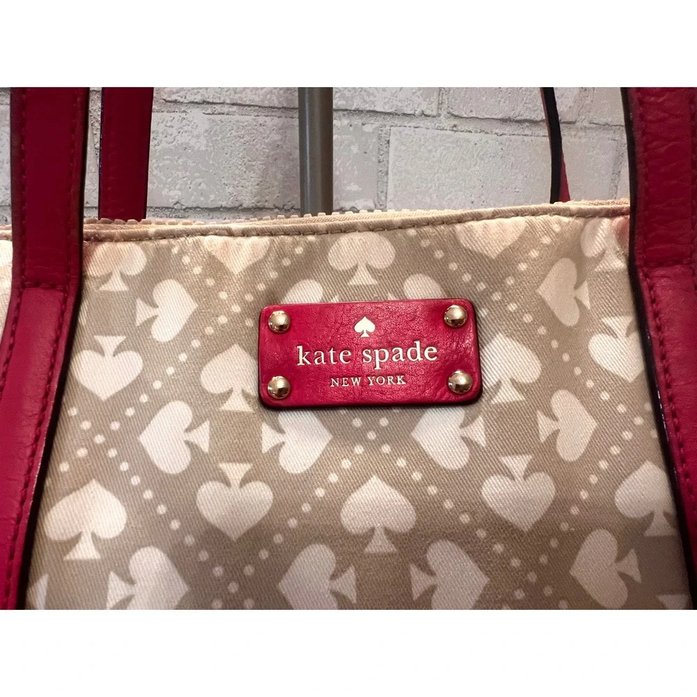 Kate Spade New York Spade‎ Logo Tote Bag Tan Pink Leather Trim Shoulder Bag